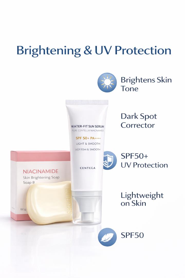 Niacinamide Brightening Soap + SPF50 Sunscreen Set | Dark Spot Corrector & UV Protection Skincare Duo