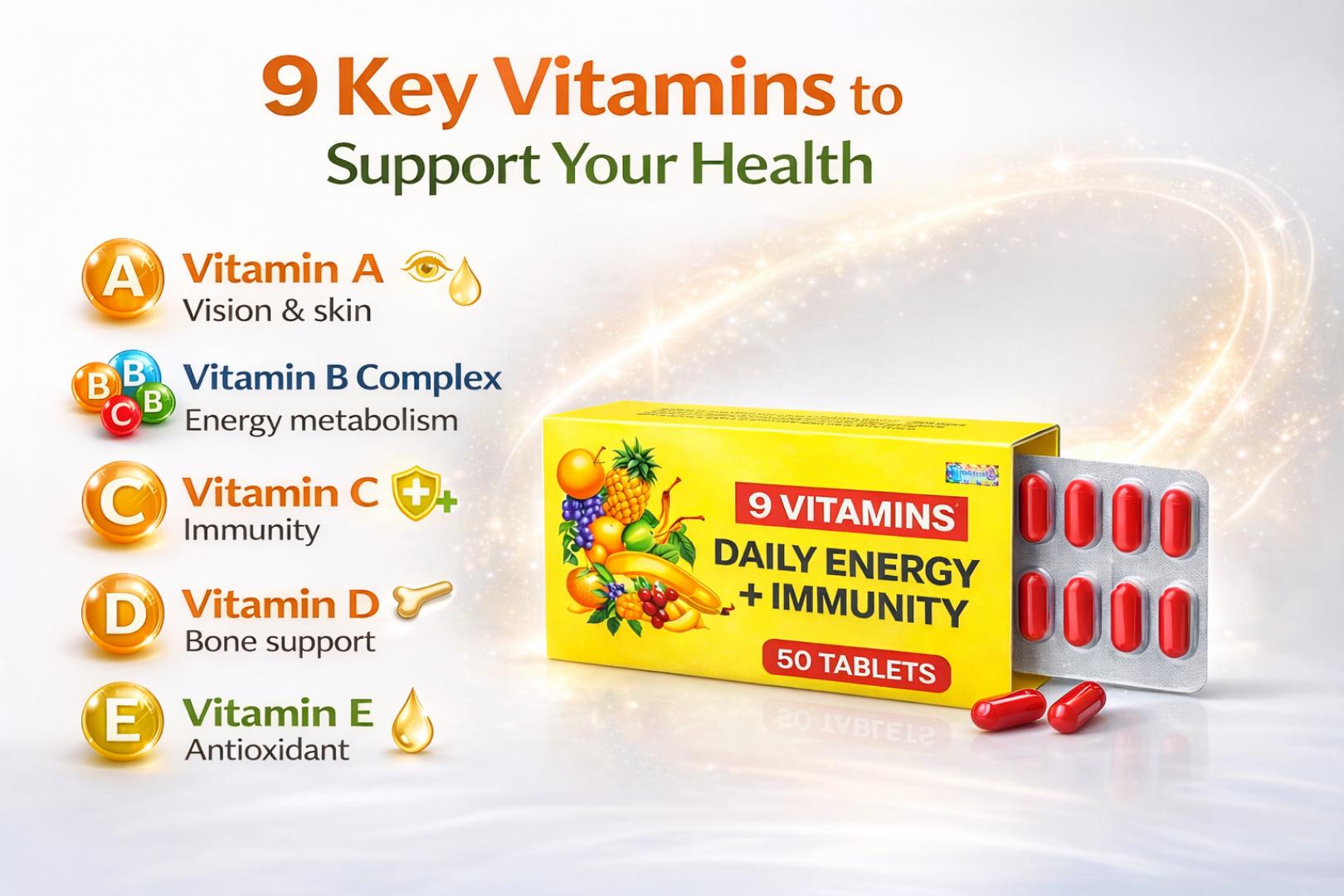 9-in-1 Daily Energy & Immunity Vitamins | Boost Energy, Support Skin & Immunity | Vitamin A B C D E Complex | Anti-Fatigue Supplement | 50 Tablets Value Pack