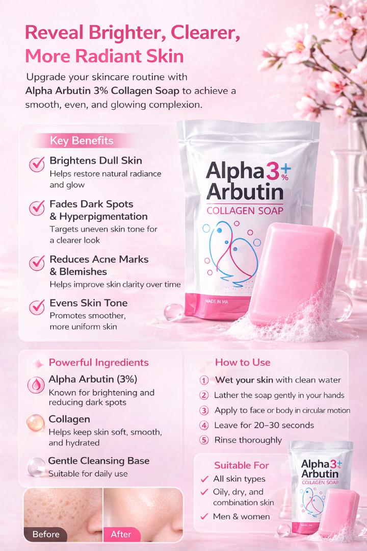 Alpha Arbutin Collagen Soap – Brightening & Dark Spot Remover, Acne Scar Repair, Even Skin Tone Whitening Soap (All Skin Types)