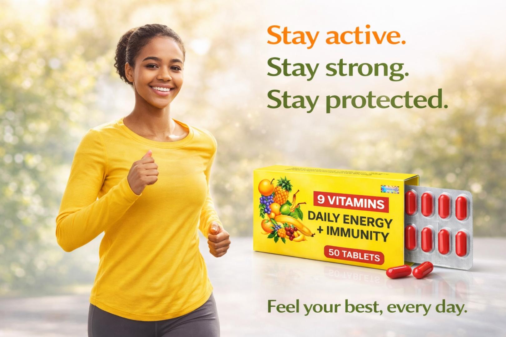 9-in-1 Daily Energy & Immunity Vitamins | Boost Energy, Support Skin & Immunity | Vitamin A B C D E Complex | Anti-Fatigue Supplement | 50 Tablets Value Pack