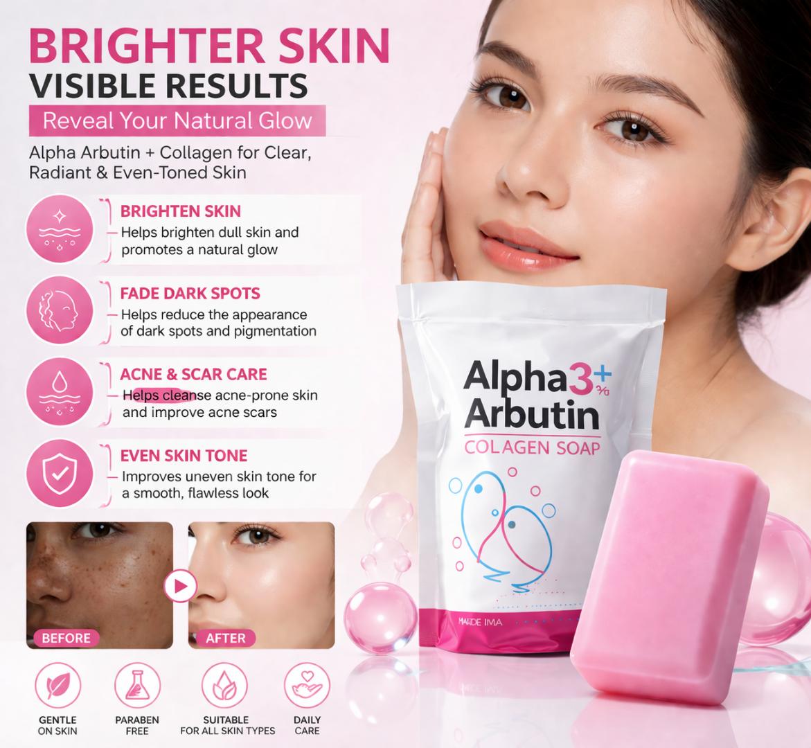Alpha Arbutin Collagen Soap – Brightening & Dark Spot Remover, Acne Scar Repair, Even Skin Tone Whitening Soap (All Skin Types)