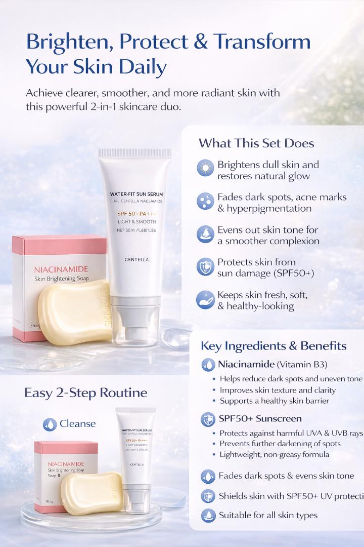 Niacinamide Brightening Soap + SPF50 Sunscreen Set | Dark Spot Corrector & UV Protection Skincare Duo