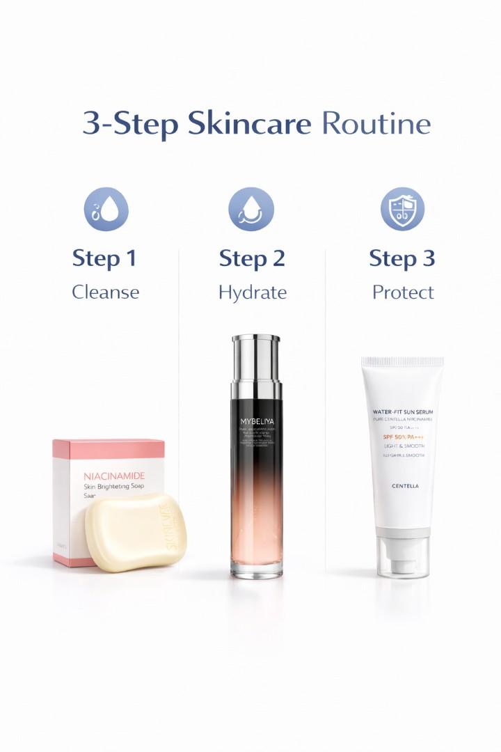 3-Step Skincare Set – Niacinamide Soap, Hydrating Toner & SPF50 Sunscreen | Dark Spot Remover, Even Skin Tone & UV Protection Routine