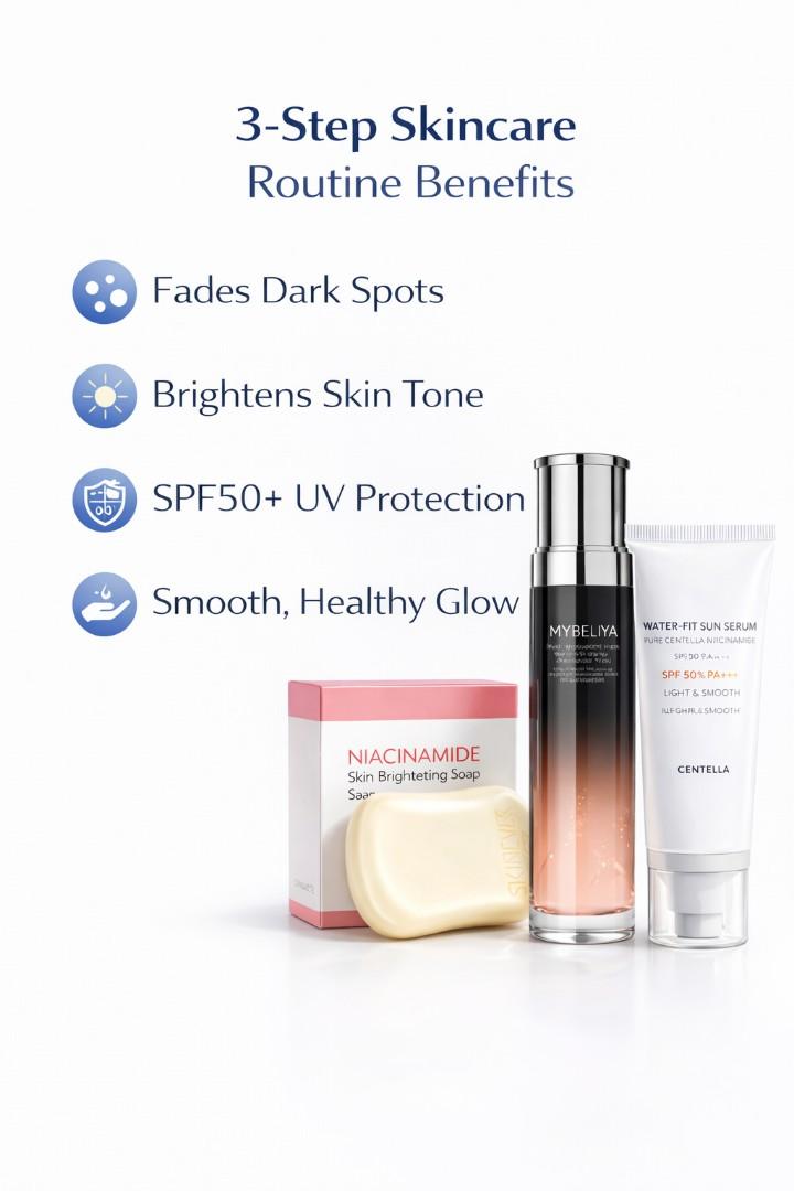 3-Step Skincare Set – Niacinamide Soap, Hydrating Toner & SPF50 Sunscreen | Dark Spot Remover, Even Skin Tone & UV Protection Routine