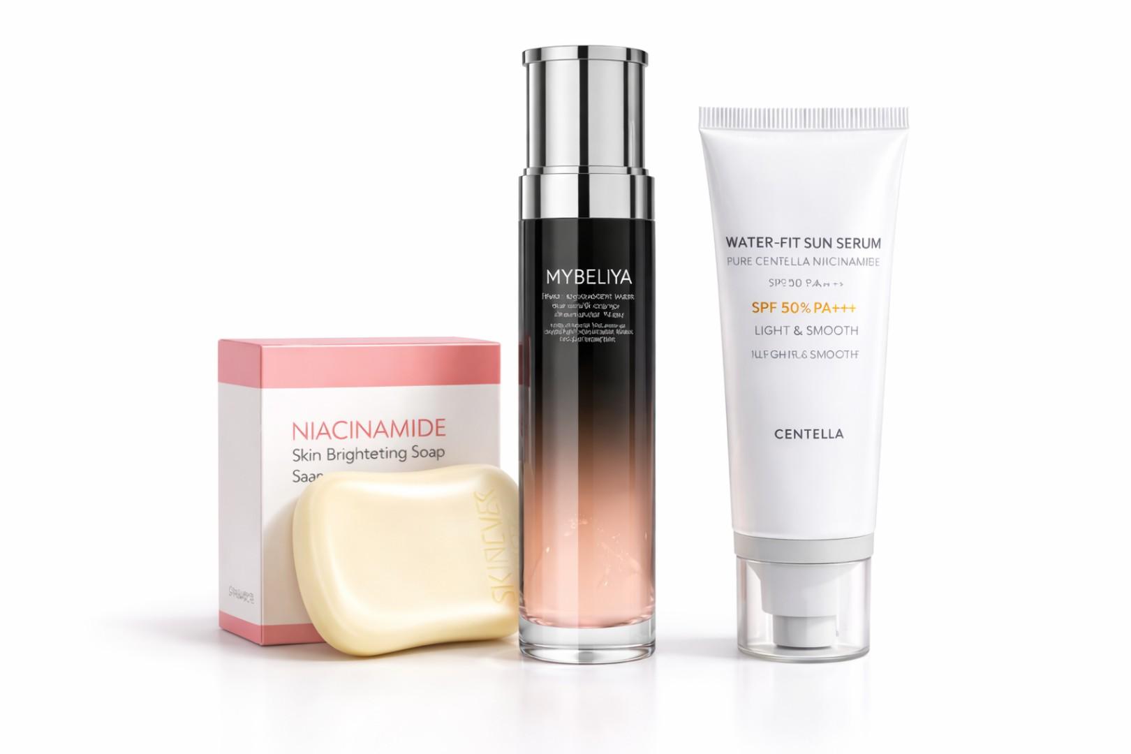 3-Step Skincare Set – Niacinamide Soap, Hydrating Toner & SPF50 Sunscreen | Dark Spot Remover, Even Skin Tone & UV Protection Routine