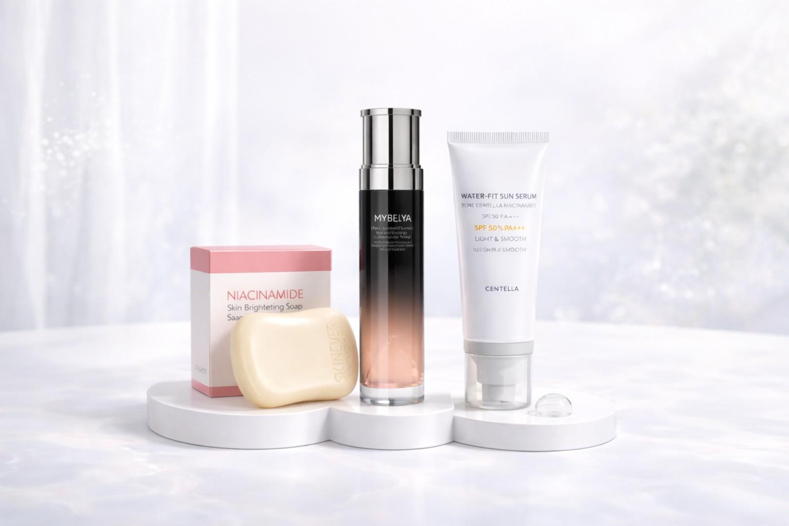 3-Step Skincare Set – Niacinamide Soap, Hydrating Toner & SPF50 Sunscreen | Dark Spot Remover, Even Skin Tone & UV Protection Routine