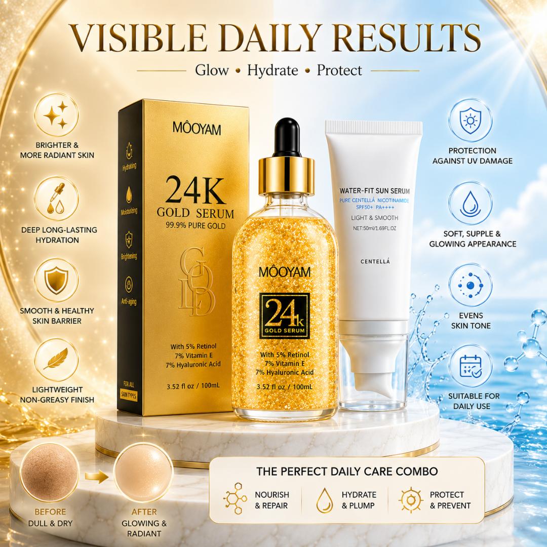 24K Gold Serum & SPF50+ Sunscreen Combo Set – Hydrating Brightening Anti-Aging Face Skincare Kit for All Skin Types