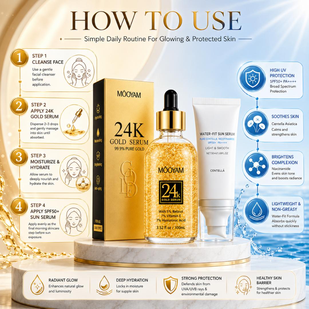 24K Gold Serum & SPF50+ Sunscreen Combo Set – Hydrating Brightening Anti-Aging Face Skincare Kit for All Skin Types