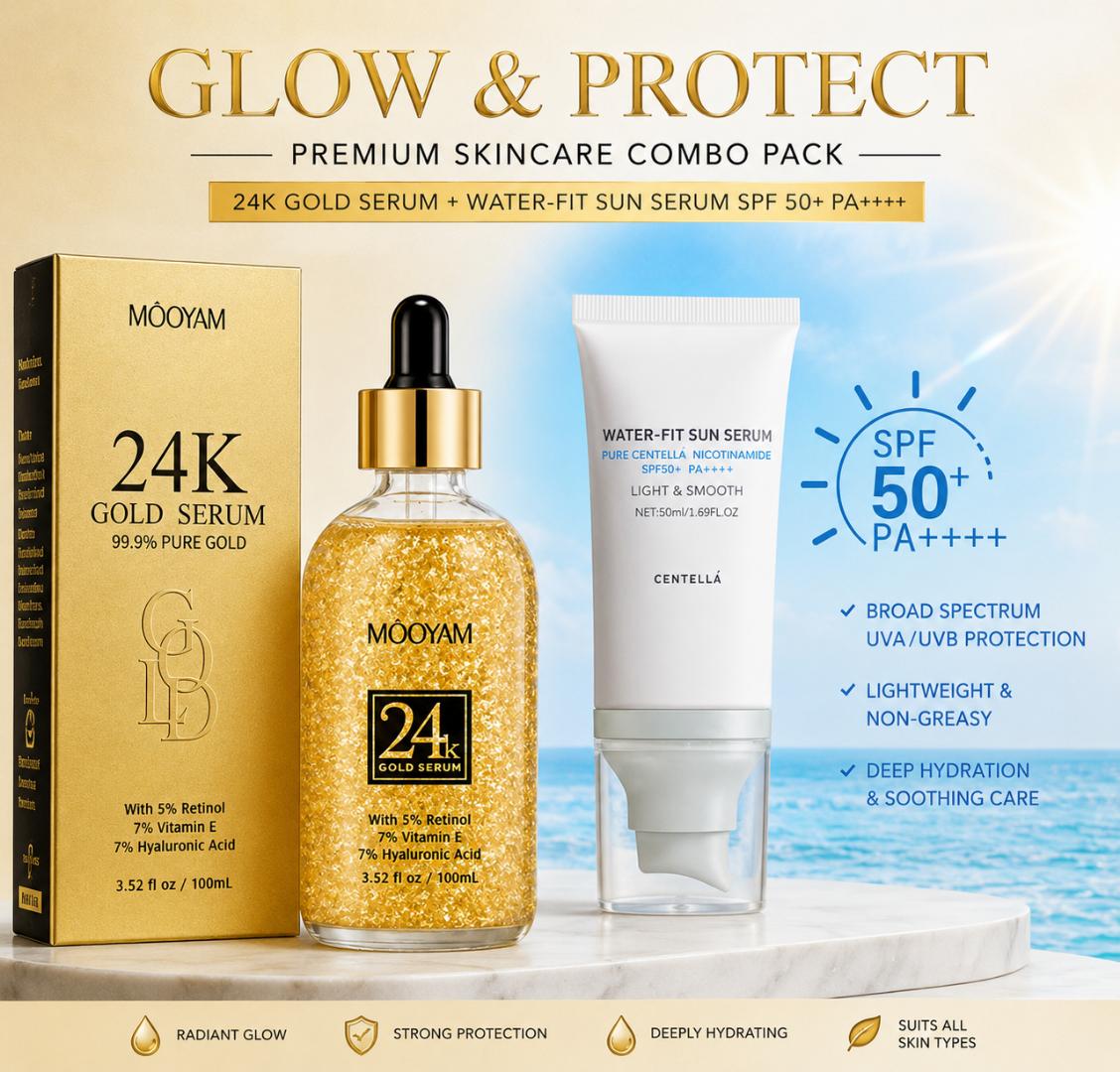 24K Gold Serum & SPF50+ Sunscreen Combo Set – Hydrating Brightening Anti-Aging Face Skincare Kit for All Skin Types