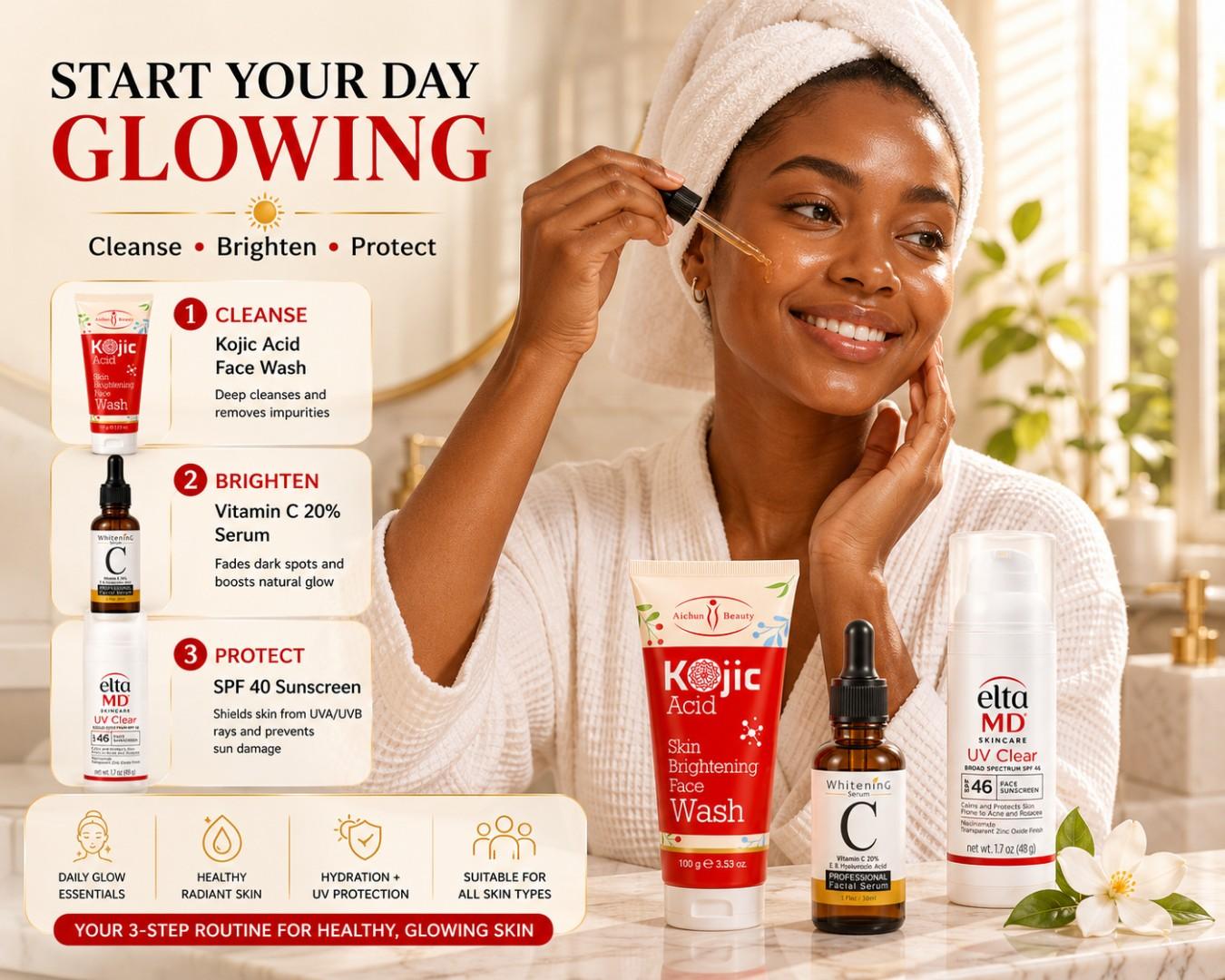 Glow Routine Skincare Set – Kojic Face Wash, Vitamin C Serum & SPF 40 Sunscreen Bundle for Brightening, Hydration & Daily UV Protection