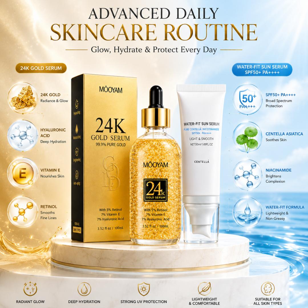 24K Gold Serum & SPF50+ Sunscreen Combo Set – Hydrating Brightening Anti-Aging Face Skincare Kit for All Skin Types