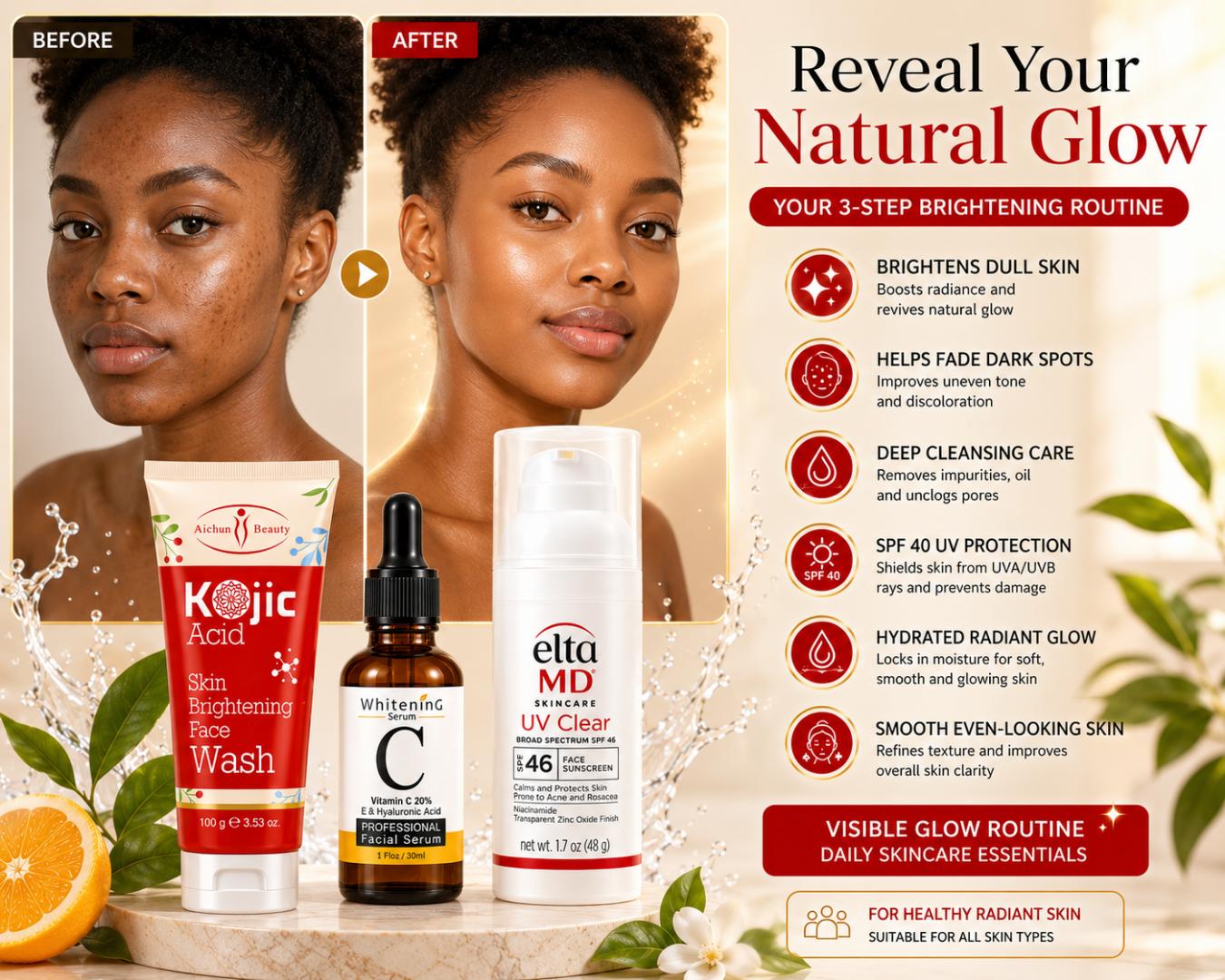 Glow Routine Skincare Set – Kojic Face Wash, Vitamin C Serum & SPF 40 Sunscreen Bundle for Brightening, Hydration & Daily UV Protection