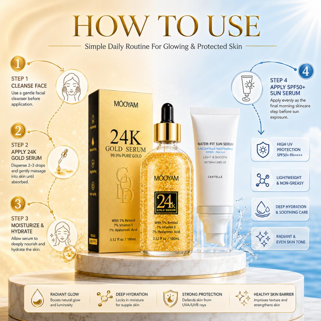 24K Gold Serum & SPF50+ Sunscreen Combo Set – Hydrating Brightening Anti-Aging Face Skincare Kit for All Skin Types
