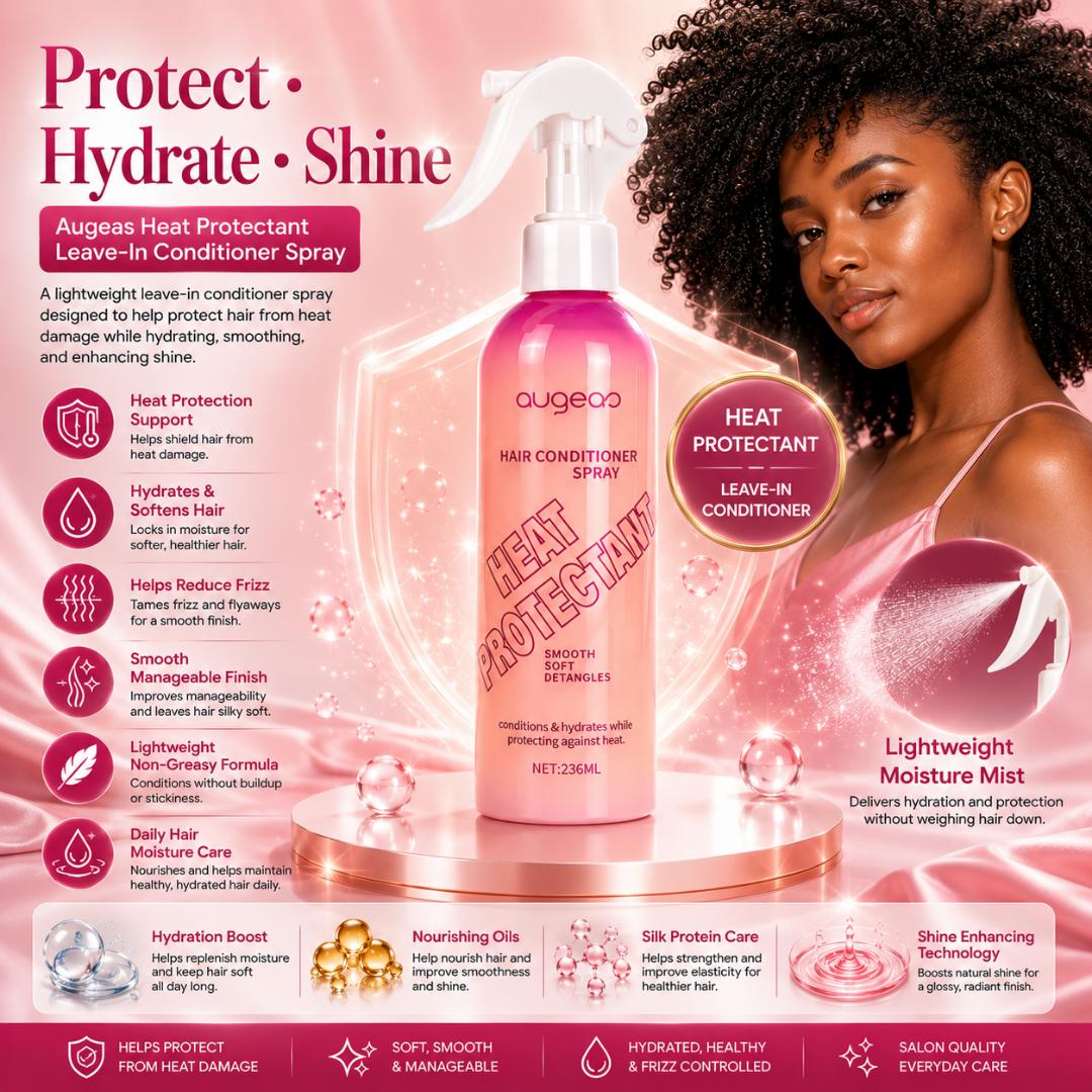 Augeas Heat Protectant Leave-In Conditioner Spray for Natural 4C Hair – Hydrating Detangler & Anti-Frizz Hair Mist