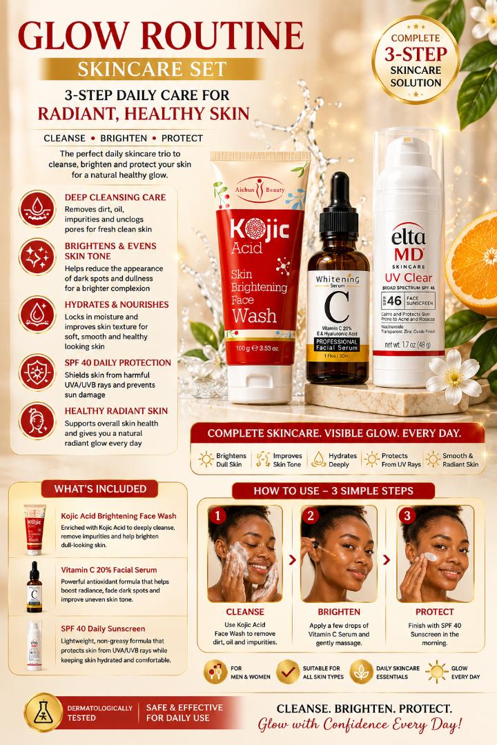 Glow Routine Skincare Set – Kojic Face Wash, Vitamin C Serum & SPF 40 Sunscreen Bundle for Brightening, Hydration & Daily UV Protection