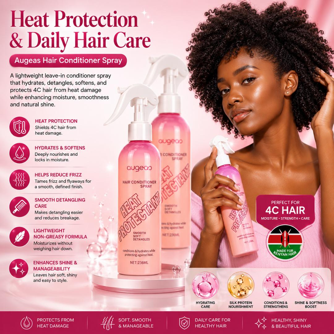 Augeas Heat Protectant Leave-In Conditioner Spray for Natural 4C Hair – Hydrating Detangler & Anti-Frizz Hair Mist