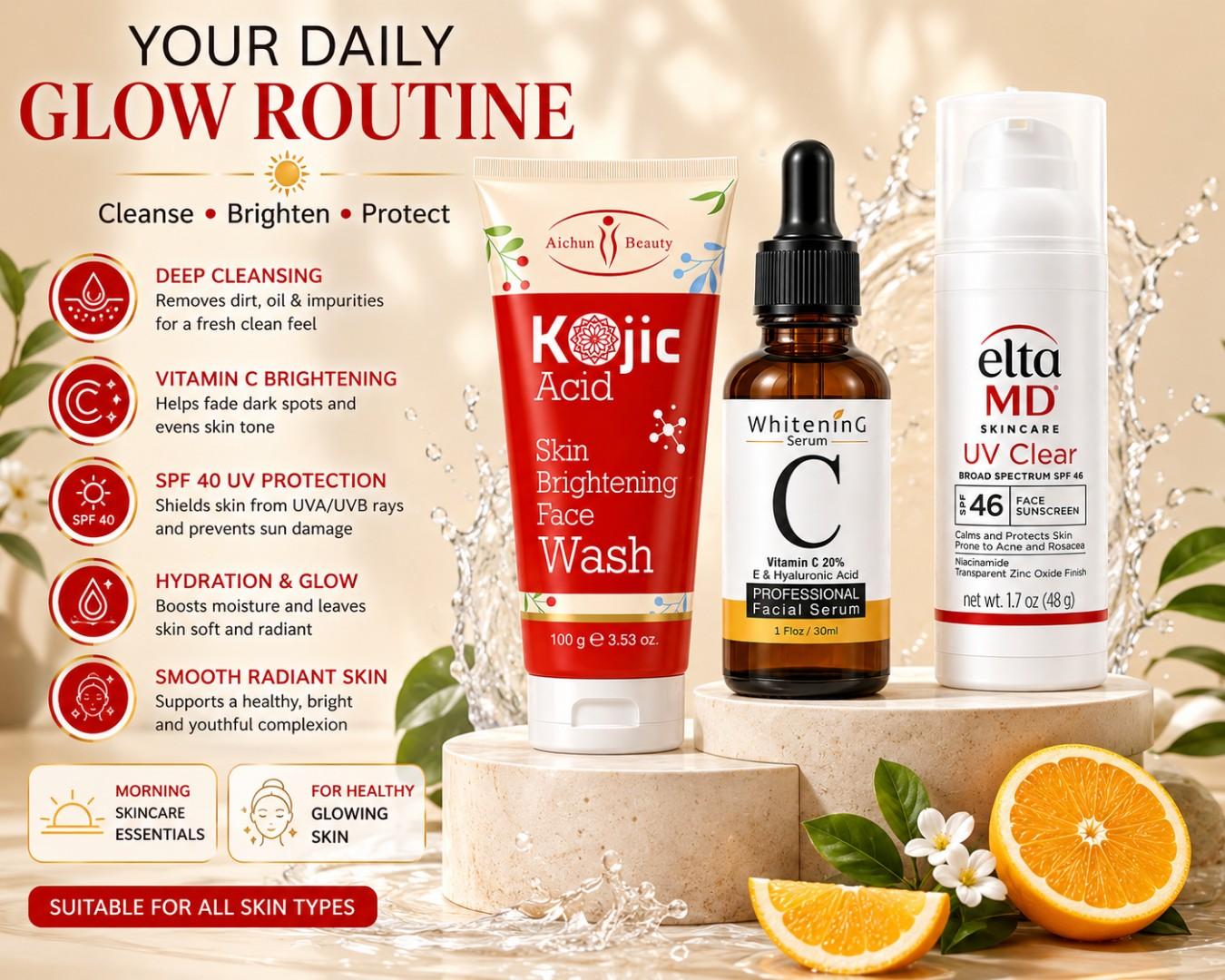 Glow Routine Skincare Set – Kojic Face Wash, Vitamin C Serum & SPF 40 Sunscreen Bundle for Brightening, Hydration & Daily UV Protection