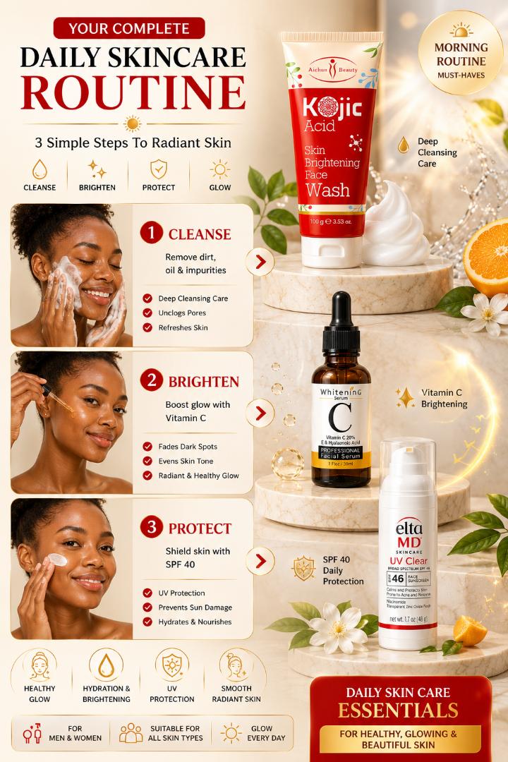 Glow Routine Skincare Set – Kojic Face Wash, Vitamin C Serum & SPF 40 Sunscreen Bundle for Brightening, Hydration & Daily UV Protection