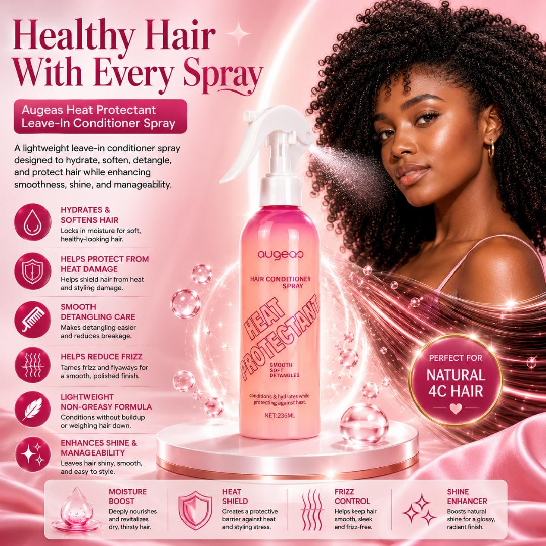 Augeas Heat Protectant Leave-In Conditioner Spray for Natural 4C Hair – Hydrating Detangler & Anti-Frizz Hair Mist