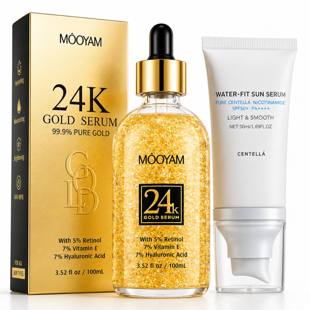 24K Gold Serum & SPF50+ Sunscreen Combo Set – Hydrating Brightening Anti-Aging Face Skincare Kit for All Skin Types