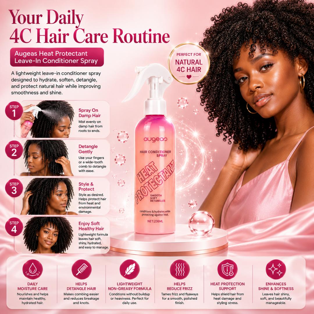 Augeas Heat Protectant Leave-In Conditioner Spray for Natural 4C Hair – Hydrating Detangler & Anti-Frizz Hair Mist