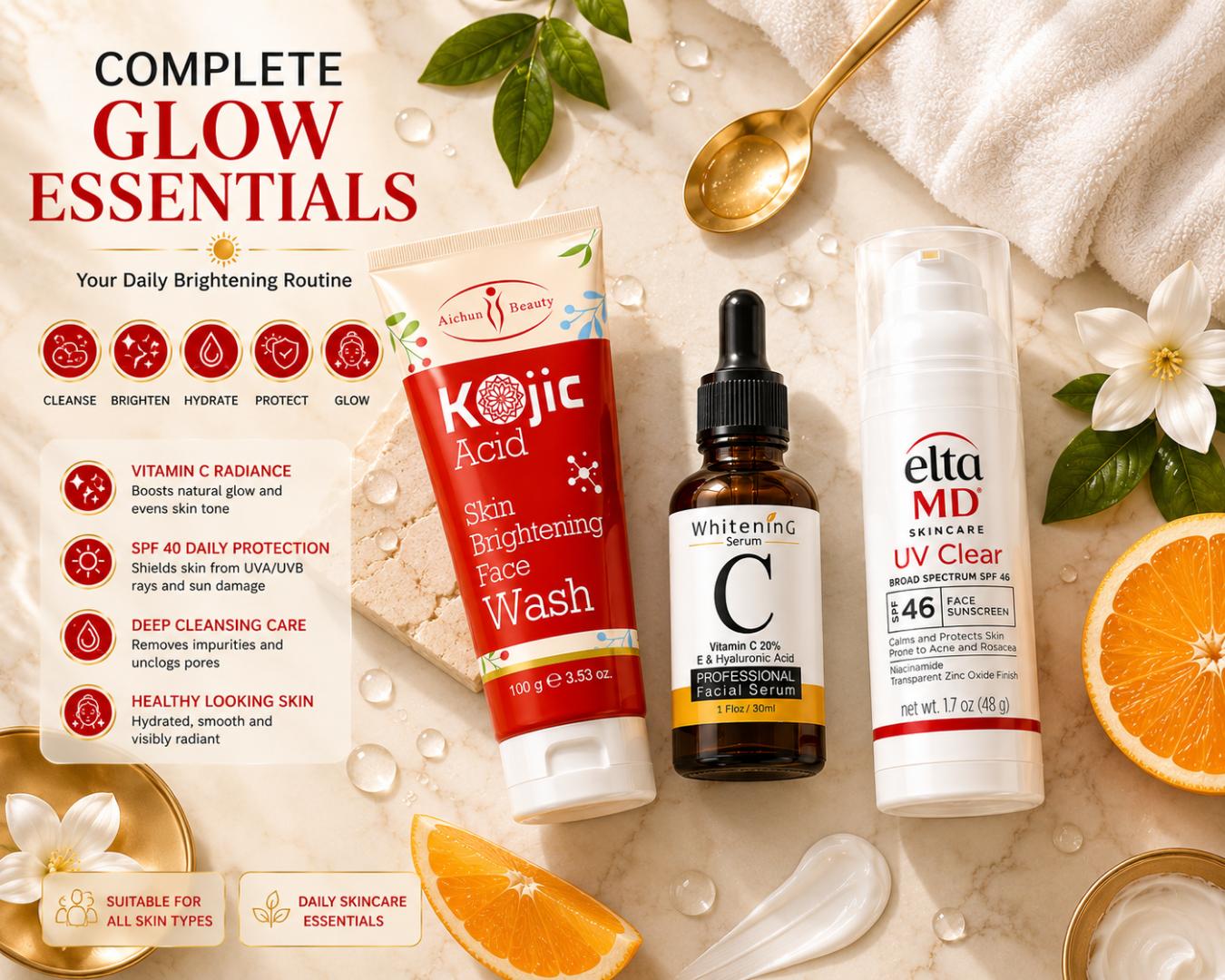 Glow Routine Skincare Set – Kojic Face Wash, Vitamin C Serum & SPF 40 Sunscreen Bundle for Brightening, Hydration & Daily UV Protection