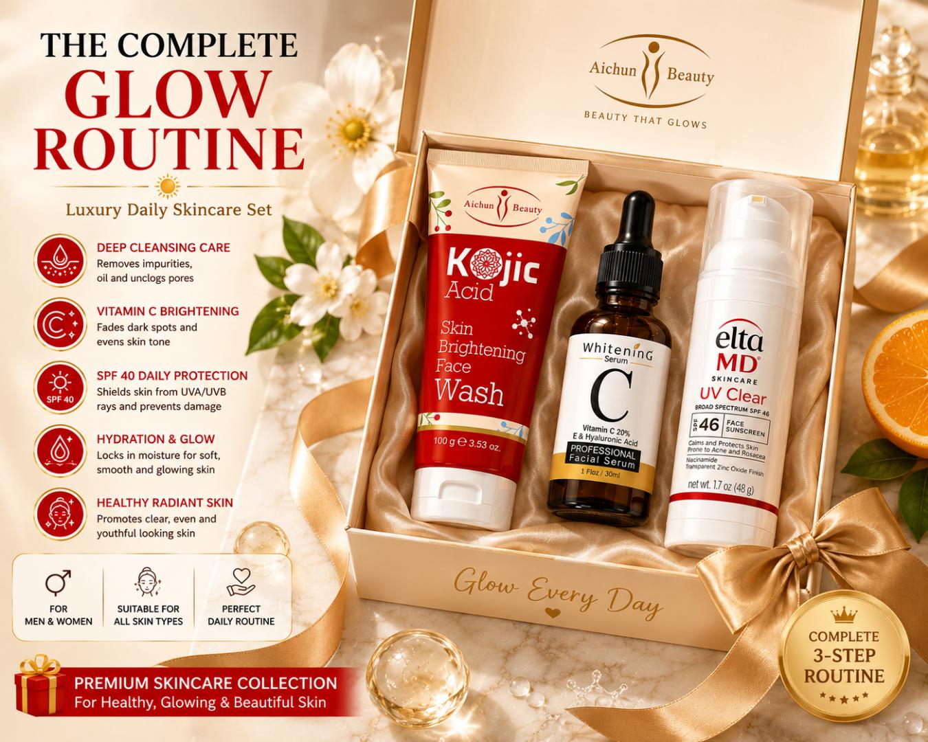 Glow Routine Skincare Set – Kojic Face Wash, Vitamin C Serum & SPF 40 Sunscreen Bundle for Brightening, Hydration & Daily UV Protection