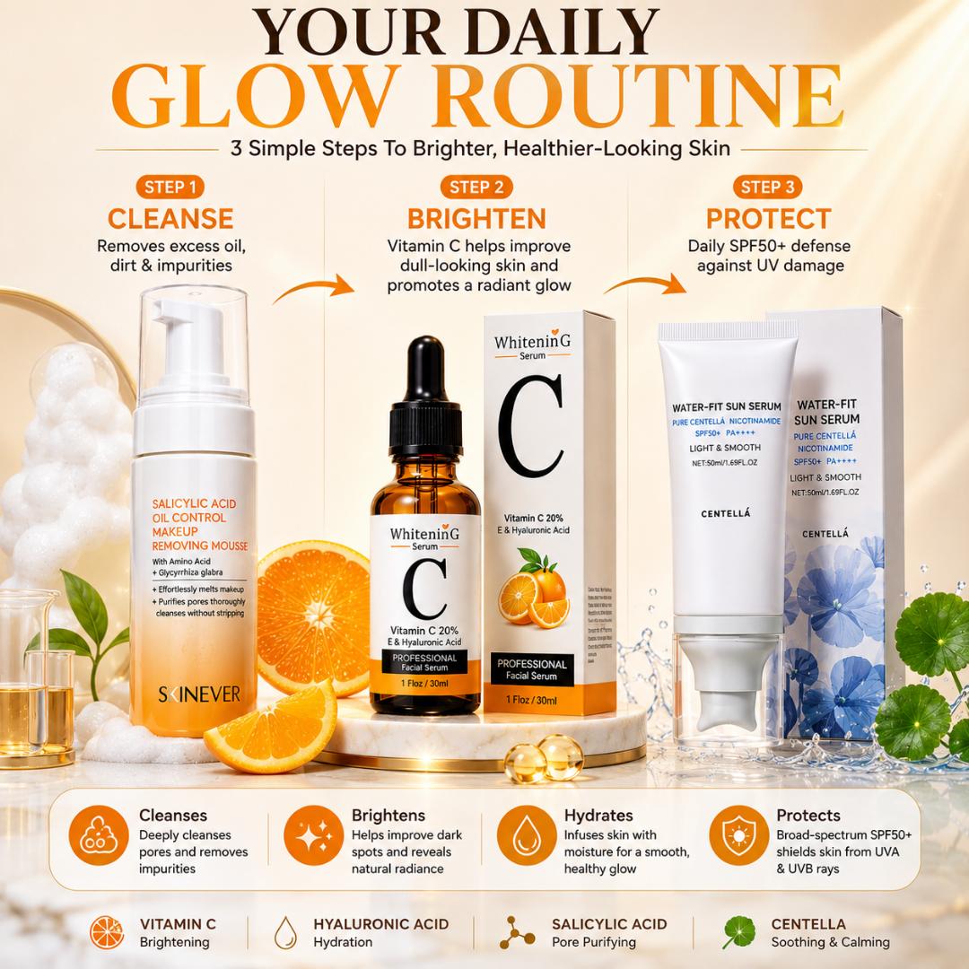 Vitamin C Dark Spot Correcting Skincare Set – Salicylic Acid Cleanser, Vitamin C Serum & SPF50+ Sunscreen for Acne Marks, Hyperpigmentation & Brightening