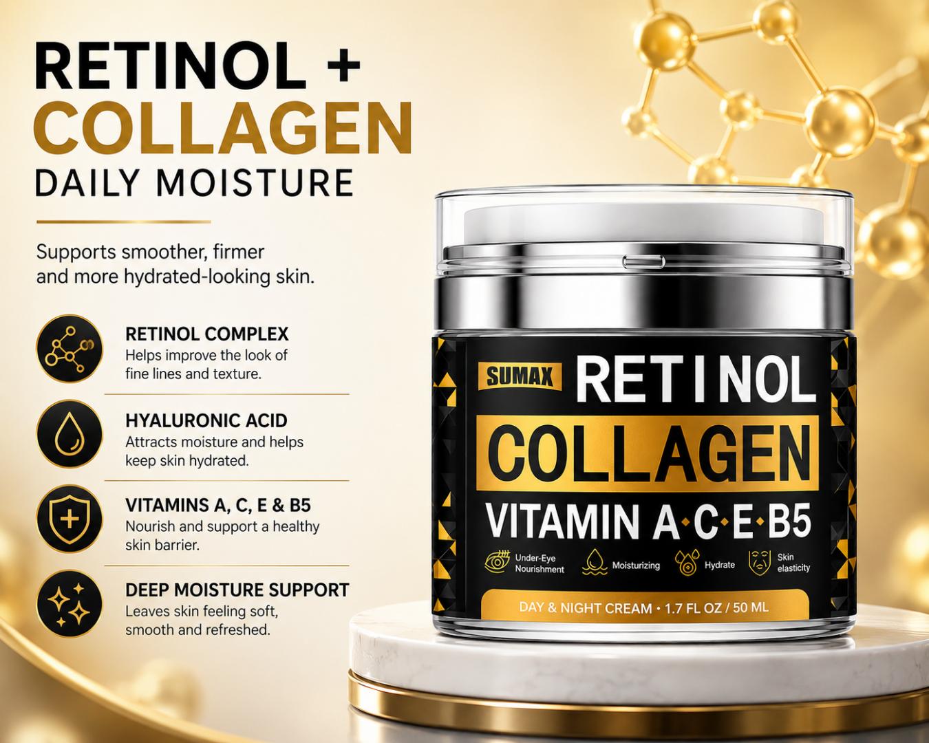 Retinol Collagen Face Cream 50ml with Hyaluronic Acid & Vitamins A C E B5 – Day & Night Moisturizing Anti-Aging Cream