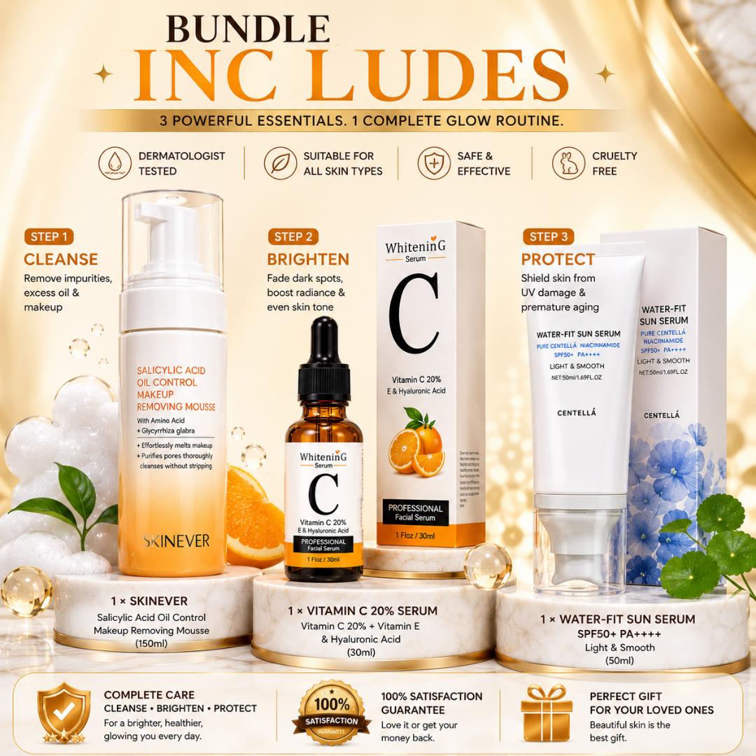 Vitamin C Dark Spot Correcting Skincare Set – Salicylic Acid Cleanser, Vitamin C Serum & SPF50+ Sunscreen for Acne Marks, Hyperpigmentation & Brightening