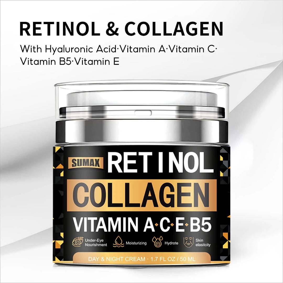 Retinol Collagen Face Cream 50ml with Hyaluronic Acid & Vitamins A C E B5 – Day & Night Moisturizing Anti-Aging Cream