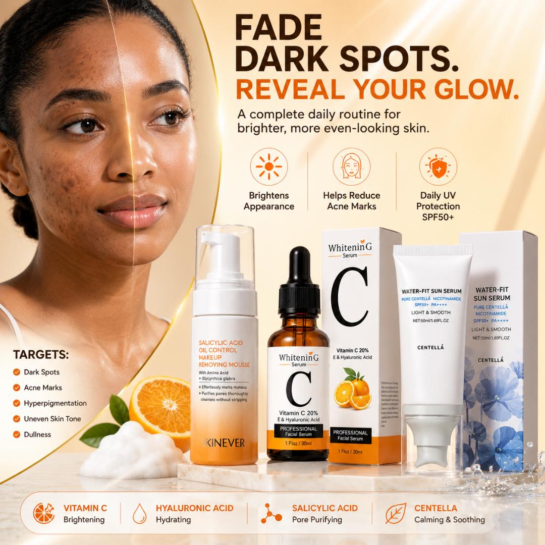 Vitamin C Dark Spot Correcting Skincare Set – Salicylic Acid Cleanser, Vitamin C Serum & SPF50+ Sunscreen for Acne Marks, Hyperpigmentation & Brightening