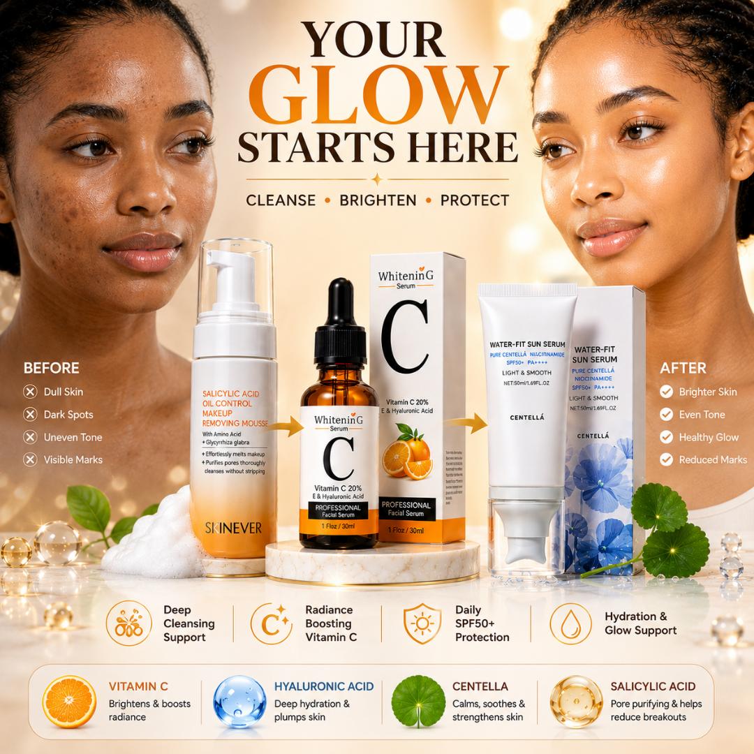 Vitamin C Dark Spot Correcting Skincare Set – Salicylic Acid Cleanser, Vitamin C Serum & SPF50+ Sunscreen for Acne Marks, Hyperpigmentation & Brightening