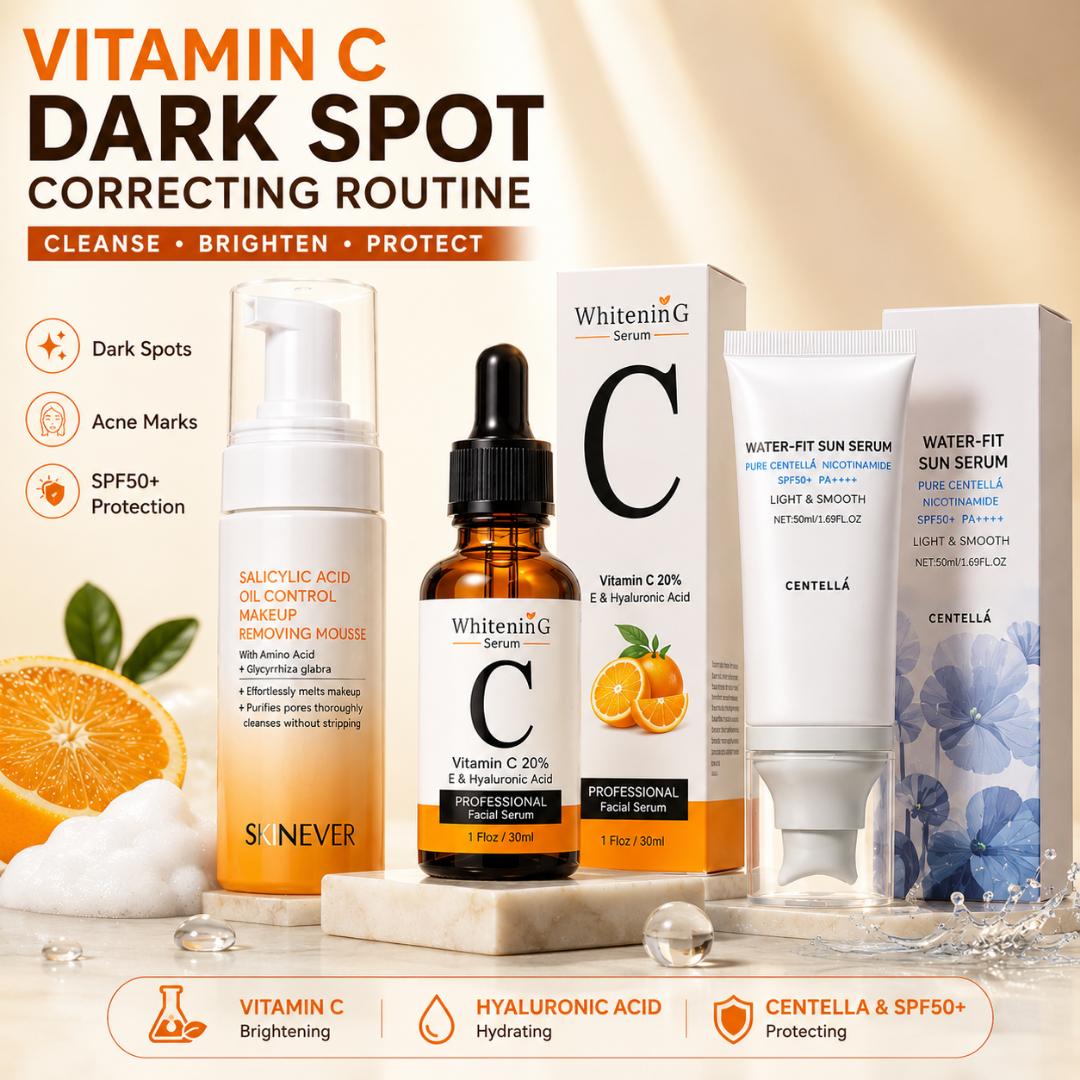 Vitamin C Dark Spot Correcting Skincare Set – Salicylic Acid Cleanser, Vitamin C Serum & SPF50+ Sunscreen for Acne Marks, Hyperpigmentation & Brightening