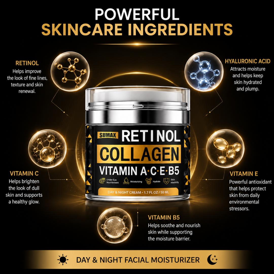 Retinol Collagen Face Cream 50ml with Hyaluronic Acid & Vitamins A C E B5 – Day & Night Moisturizing Anti-Aging Cream