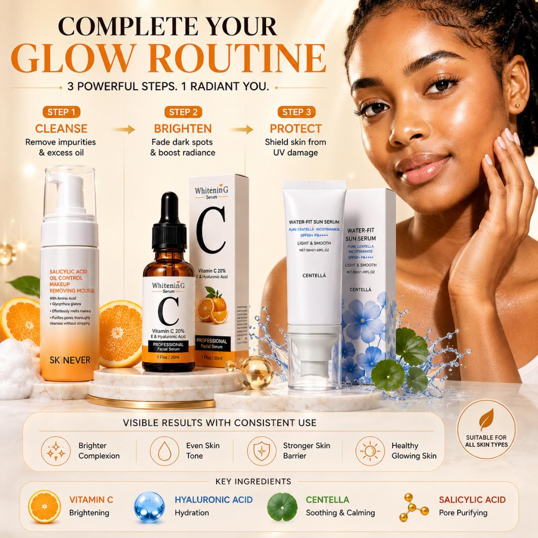 Vitamin C Dark Spot Correcting Skincare Set – Salicylic Acid Cleanser, Vitamin C Serum & SPF50+ Sunscreen for Acne Marks, Hyperpigmentation & Brightening