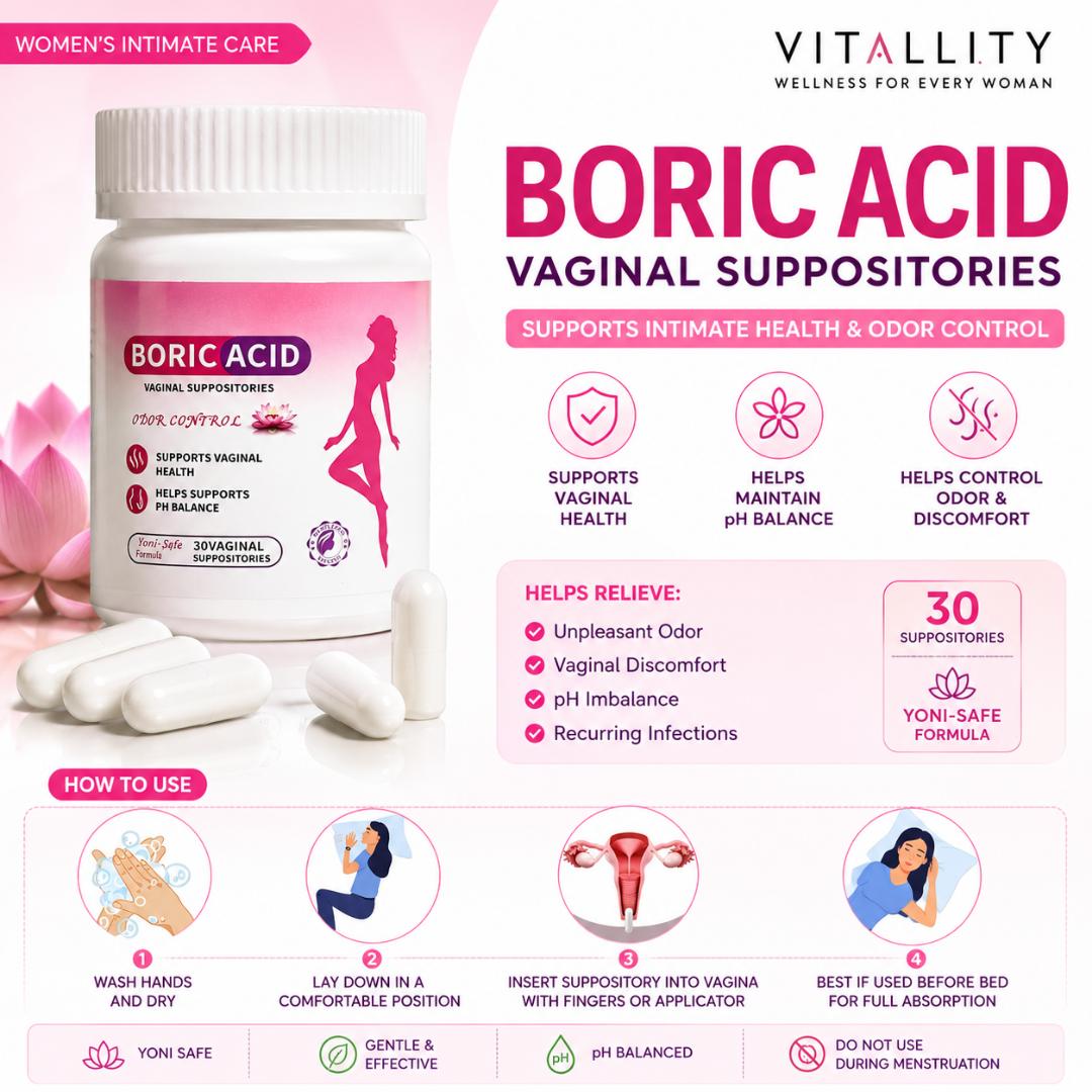 Boric Acid Vaginal Suppositories 30 Count pH Balance & Odor Control Intimate Care