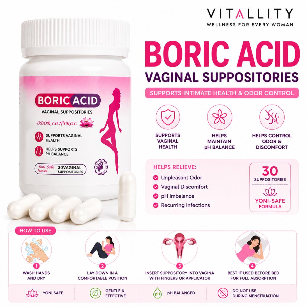 Boric Acid Vaginal Suppositories 30 Count pH Balance & Odor Control Intimate Care