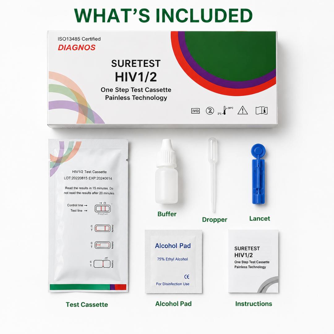 SURETEST HIV 1/2 One Step Test Cassette – Rapid HIV 1 & 2 Antibody Screening Test Kit with Lancet, Buffer, Dropper & Alcohol Pad view 2