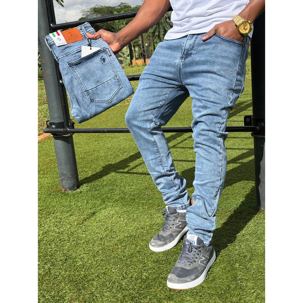 Sky Blue Bleached Wash Skinny Jeans for Men - Five Pocket Denim Pants, Classy Casual Office & Weekend Wear, Gents Trousers & Jeans, Men's Clothing