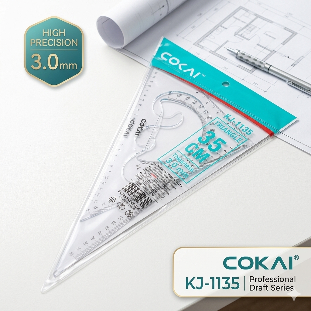 COKAI KJ-1135 Set Square 35cm – Large 30°/60° Triangle Ruler with Built-in Protractor Scale & cm/inch Graduations, 3mm Thick Clear Acrylic | Drafting Tool for Students, Engineers, Architects & Carpent