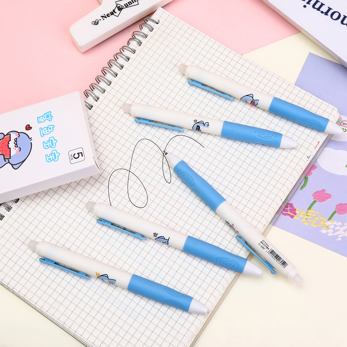 Erasable Gel Pen 5Pcs Set – 0.5mm Blue Ink Writing Pen with Eraser Cap & Cute Cartoon Design, Retractable Click Pen for School, Office & Kids Erasable Pen Set