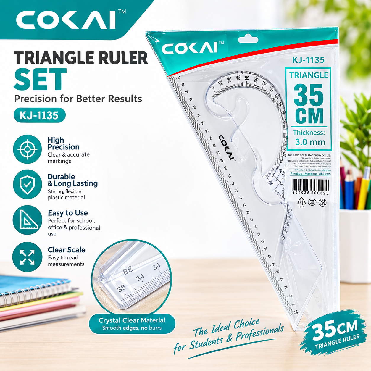 COKAI KJ-1135 Set Square 35cm – Large 30°/60° Triangle Ruler with Built-in Protractor Scale & cm/inch Graduations, 3mm Thick Clear Acrylic | Drafting Tool for Students, Engineers, Architects & Carpent