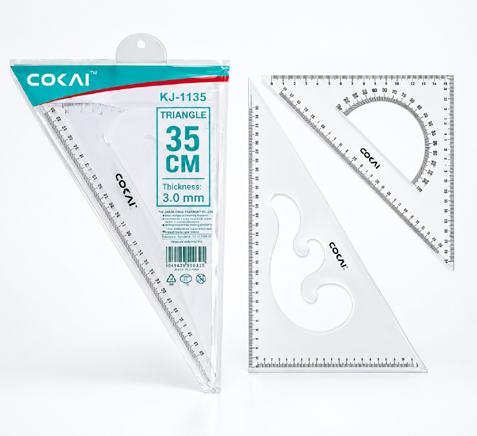 COKAI KJ-1135 Set Square 35cm – Large 30°/60° Triangle Ruler with Built-in Protractor Scale & cm/inch Graduations, 3mm Thick Clear Acrylic | Drafting Tool for Students, Engineers, Architects & Carpent