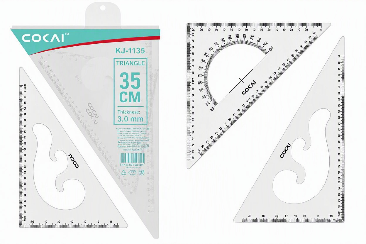 COKAI KJ-1135 Set Square 35cm – Large 30°/60° Triangle Ruler with Built-in Protractor Scale & cm/inch Graduations, 3mm Thick Clear Acrylic | Drafting Tool for Students, Engineers, Architects & Carpent