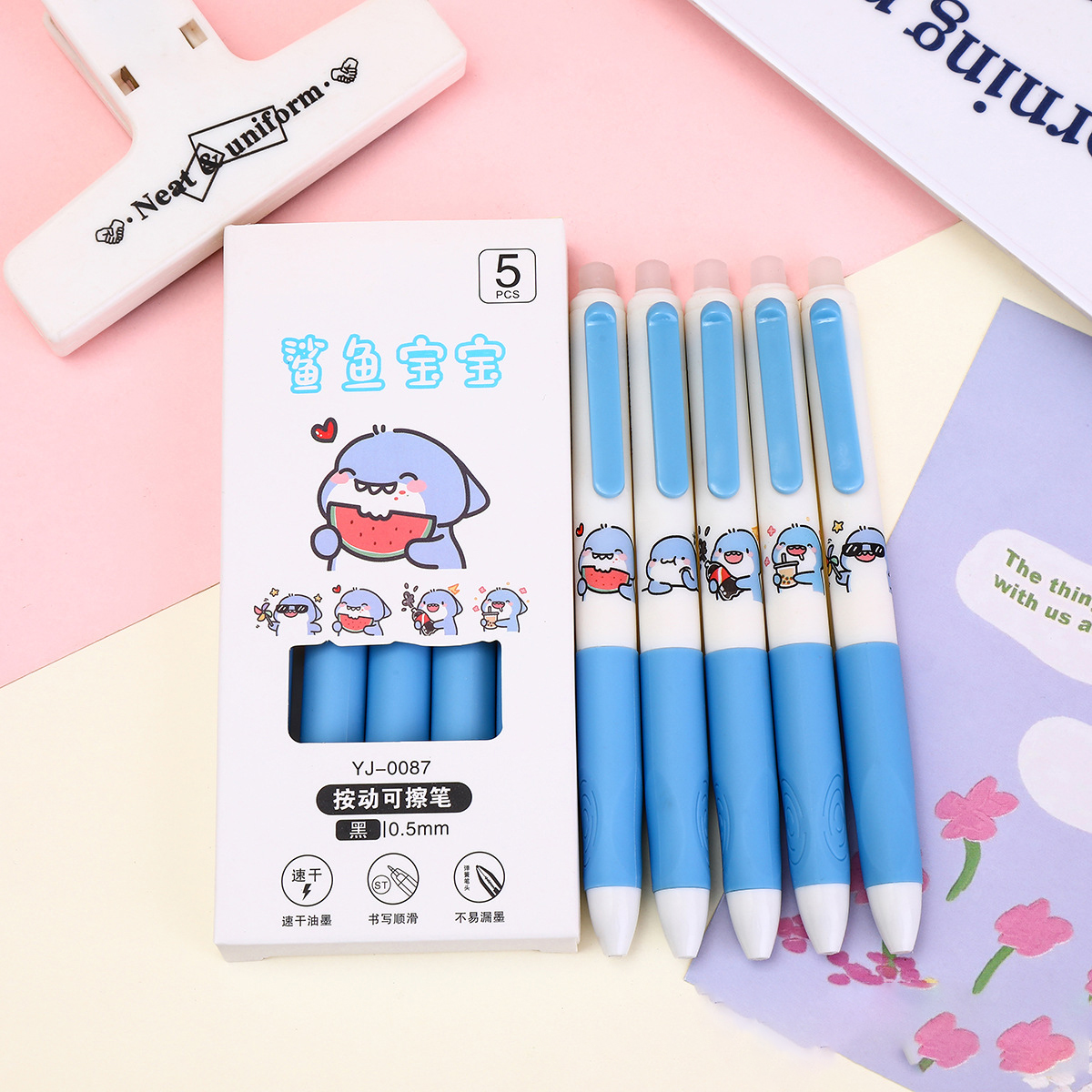 Erasable Gel Pen 5Pcs Set – 0.5mm Blue Ink Writing Pen with Eraser Cap & Cute Cartoon Design, Retractable Click Pen for School, Office & Kids Erasable Pen Set