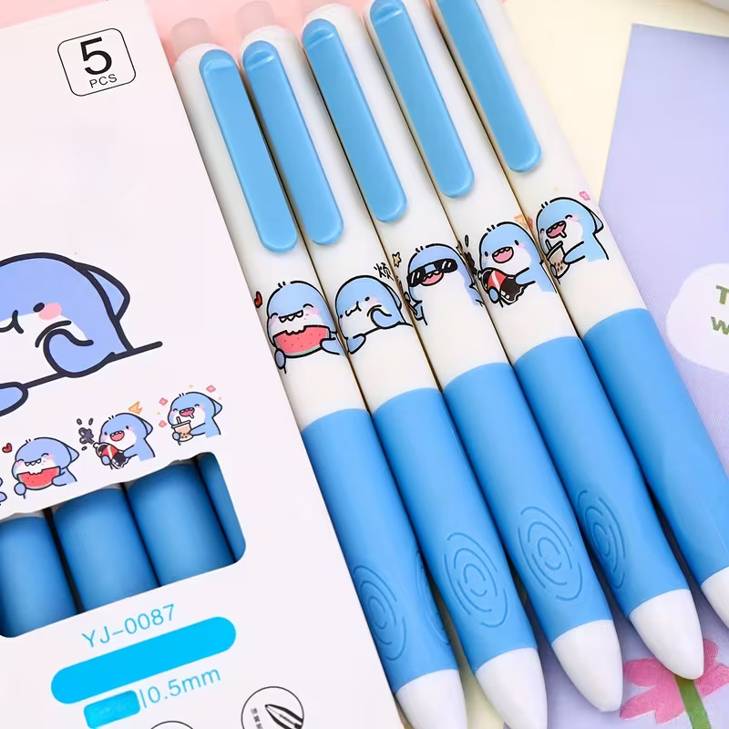 Erasable Gel Pen 5Pcs Set – 0.5mm Blue Ink Writing Pen with Eraser Cap & Cute Cartoon Design, Retractable Click Pen for School, Office & Kids Erasable Pen Set