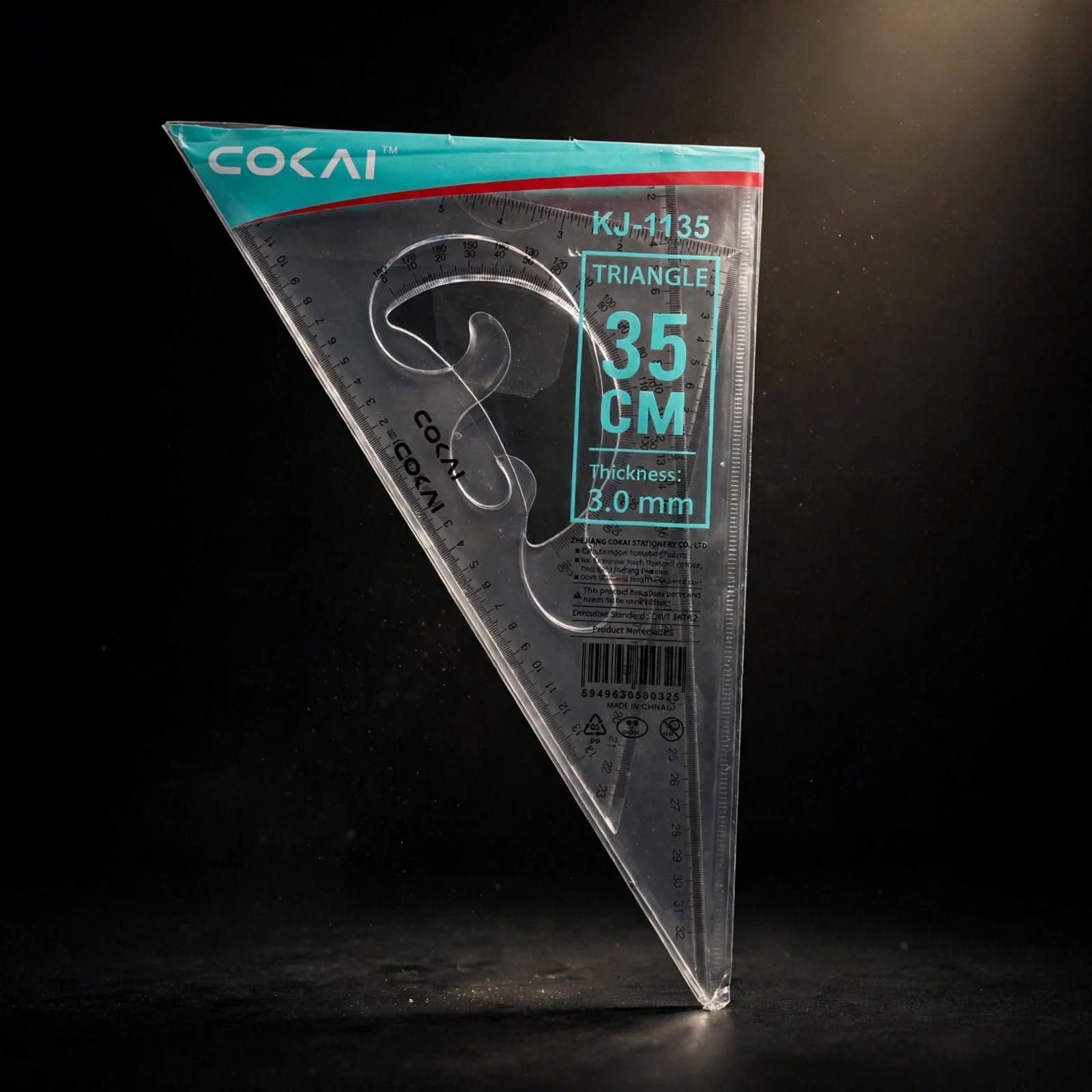 COKAI KJ-1135 Set Square 35cm – Large 30°/60° Triangle Ruler with Built-in Protractor Scale & cm/inch Graduations, 3mm Thick Clear Acrylic | Drafting Tool for Students, Engineers, Architects & Carpent