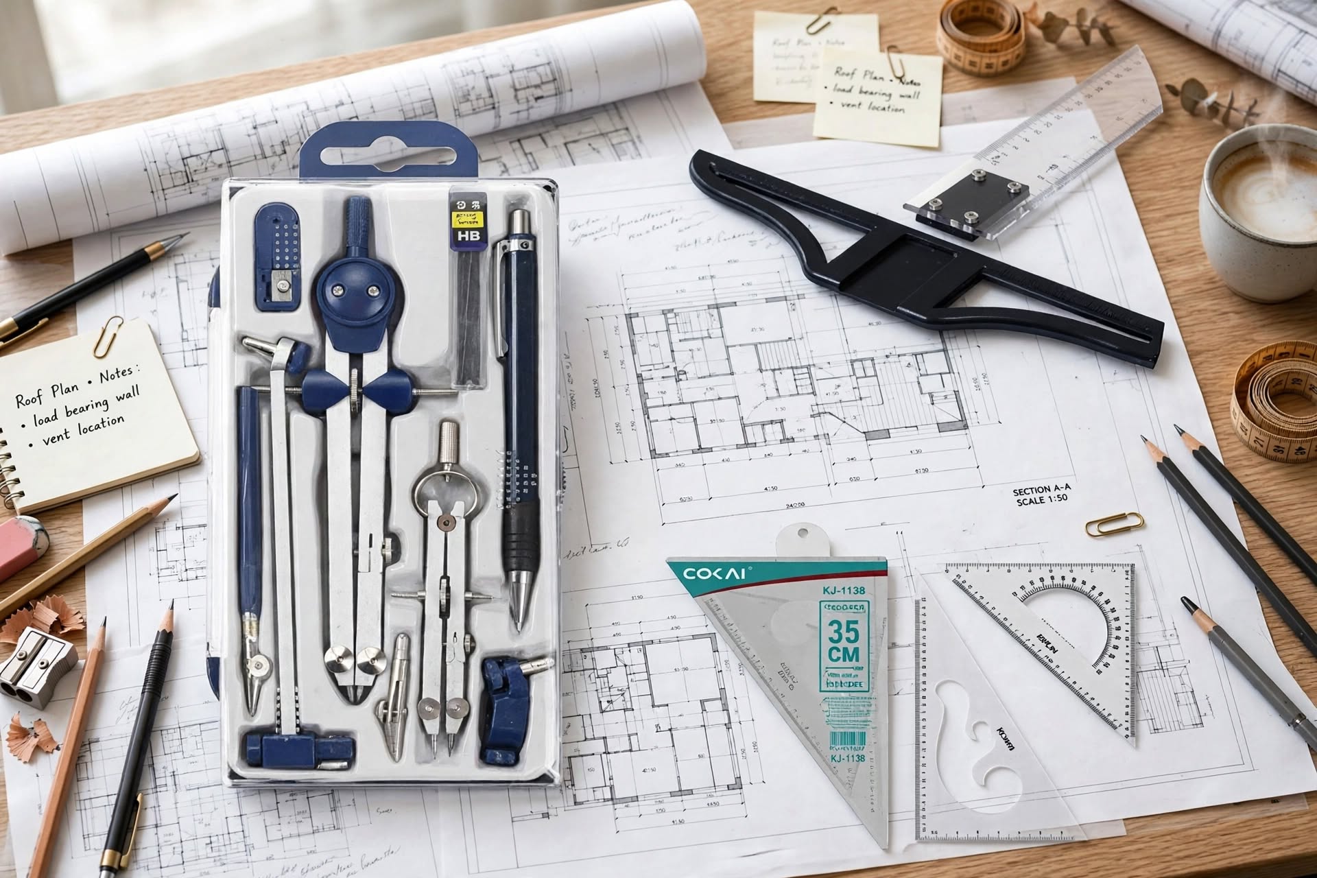 Complete Technical Drawing Kit Bundle – 9Pcs Metal Compass Set + 60cm T-Square + 35cm Set Square with Protractor Scale | Full Drafting Tools Package for Engineering & Architecture Students, Engineers