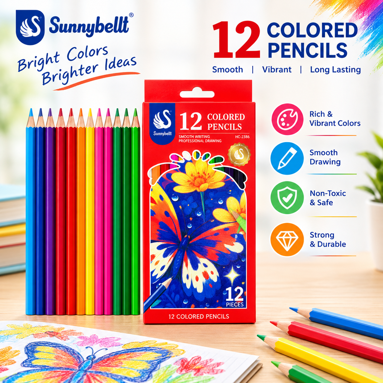 Sunnybellt Colored Pencils 12Pcs – Smooth Vibrant Pencil Colors Set for Drawing, Coloring, Sketching & Art | Non-Toxic Wooden Coloring Pencils for Kids & Adults (HC-2386)